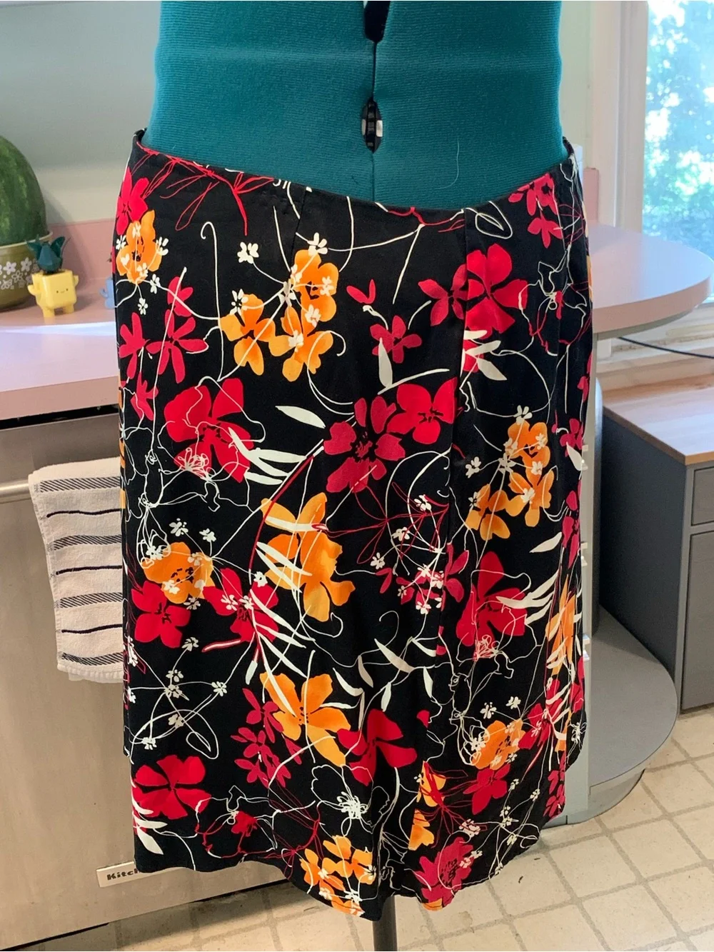 Vintage Notations Black Midi Skirt with Red & Orange Floral Print, Never Worn